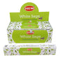 Box of HEM Premium White Sage Incense Sticks with individual sticks displayed, set against a white background. Perfect for purification, clarity, and sacred cleansing.