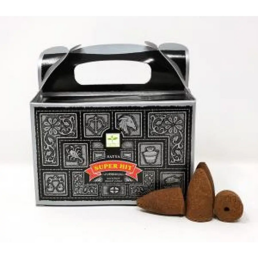 Box of HEM Super Hit Backflow Incense Cones with individual cones displayed, set against a white background. Perfect for uplifting fragrance, cleansing, and mesmerizing smoke flow.

