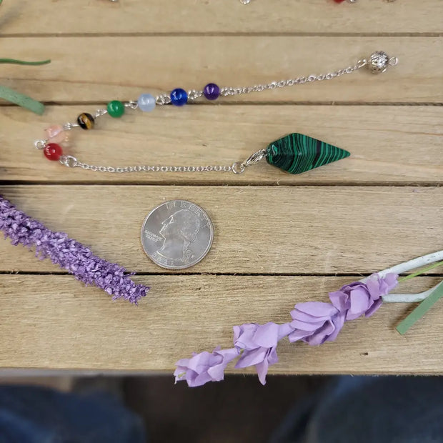 HEXAGON POINTED PENDULUM W/CHACKRA CHAIN - MALACHITE - Pendulums & Mats