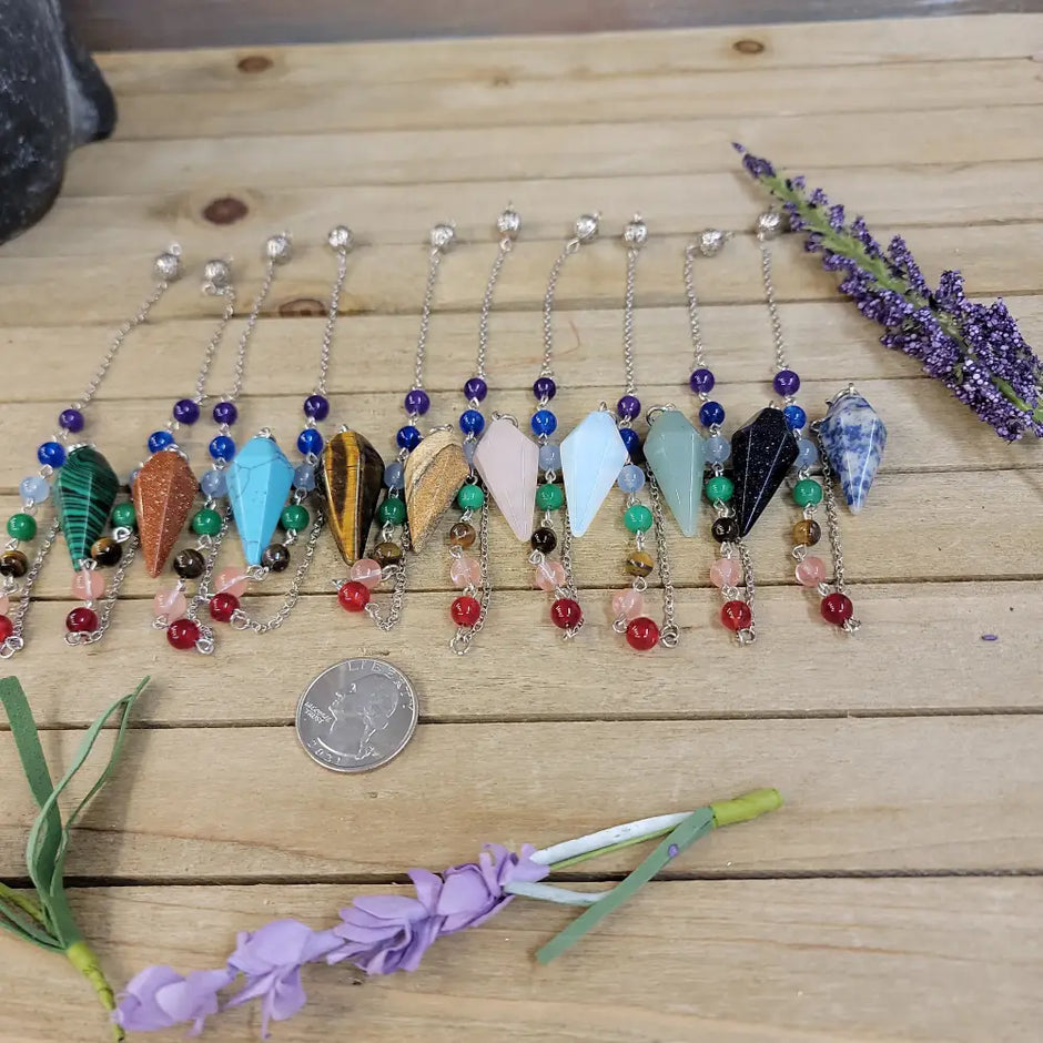 HEXAGON POINTED PENDULUM W/CHACKRA CHAIN - Pendulums & Mats
