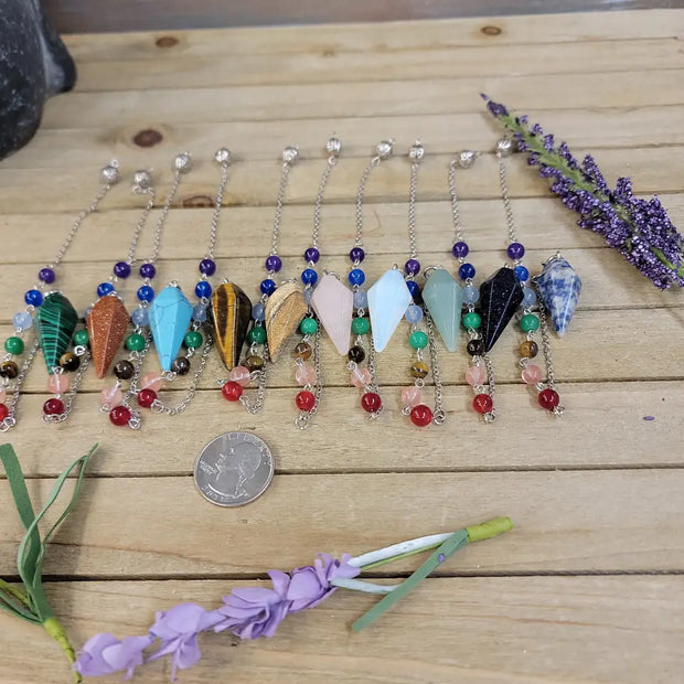 HEXAGON POINTED PENDULUM W/CHACKRA CHAIN - Pendulums & Mats