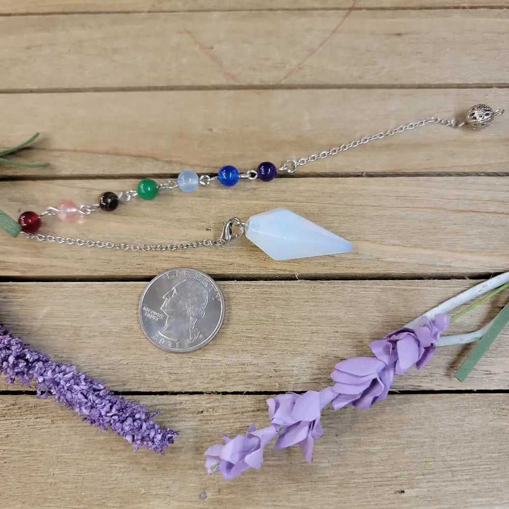 HEXAGON POINTED PENDULUM W/CHACKRA CHAIN - OPALITE - Pendulums & Mats
