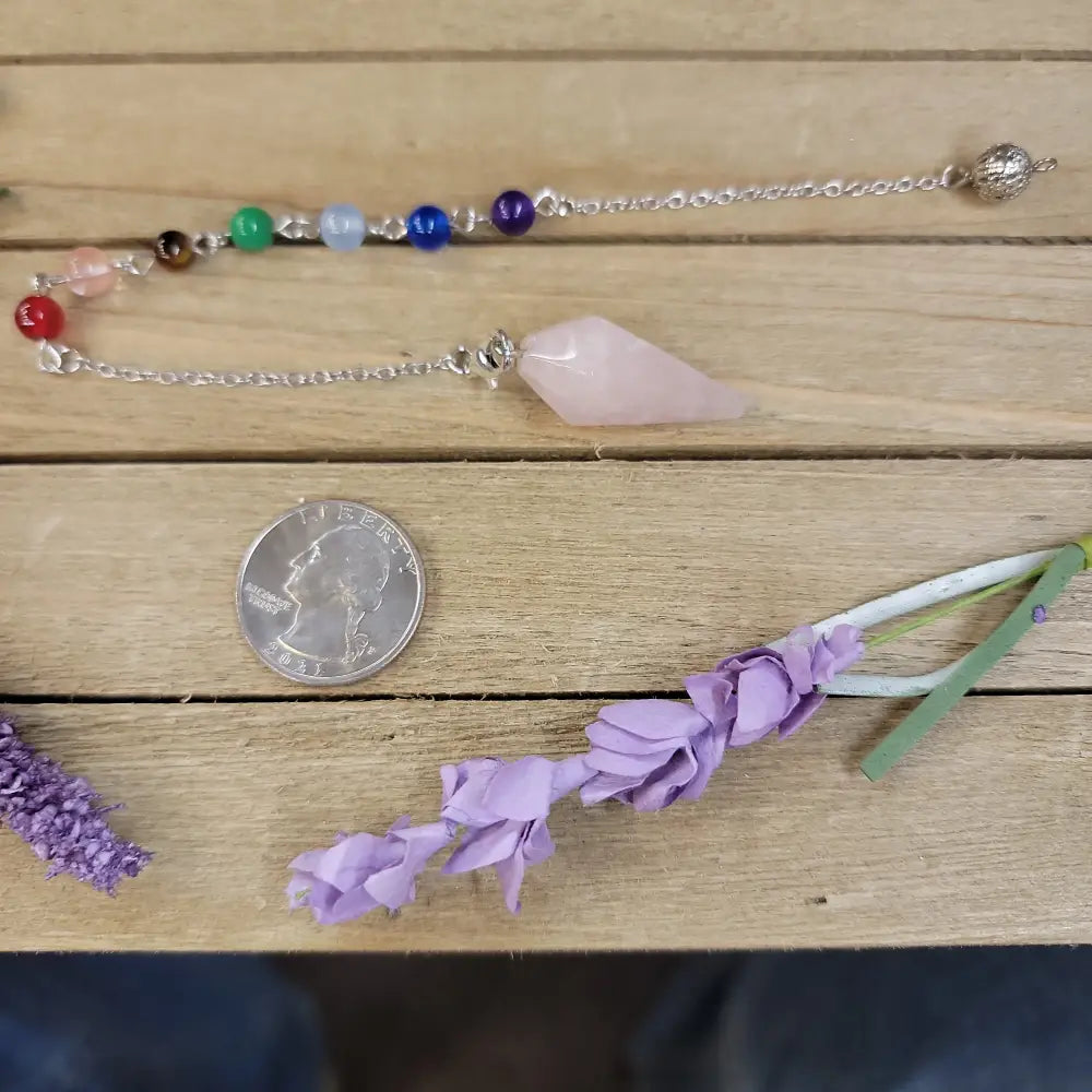 HEXAGON POINTED PENDULUM W/CHACKRA CHAIN - ROSE QUARTZ - Pendulums & Mats