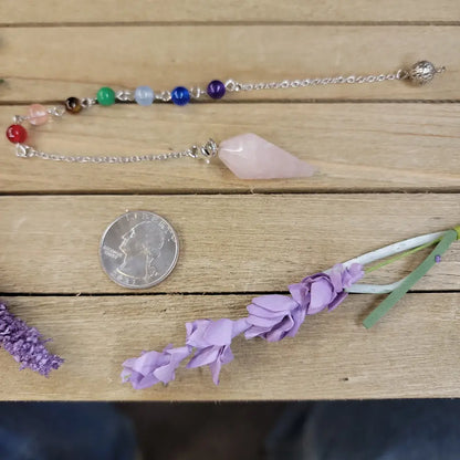 HEXAGON POINTED PENDULUM W/CHACKRA CHAIN - ROSE QUARTZ - Pendulums & Mats