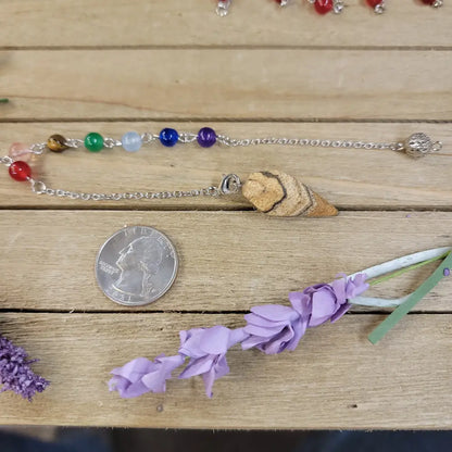 HEXAGON POINTED PENDULUM W/CHACKRA CHAIN - BANDED JASPER - Pendulums & Mats