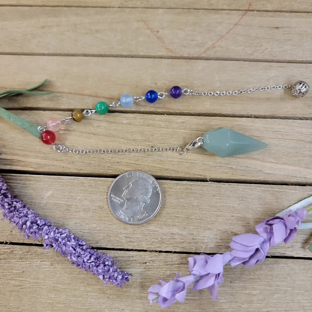 HEXAGON POINTED PENDULUM W/CHACKRA CHAIN - GREEN AVENTURINE - Pendulums & Mats