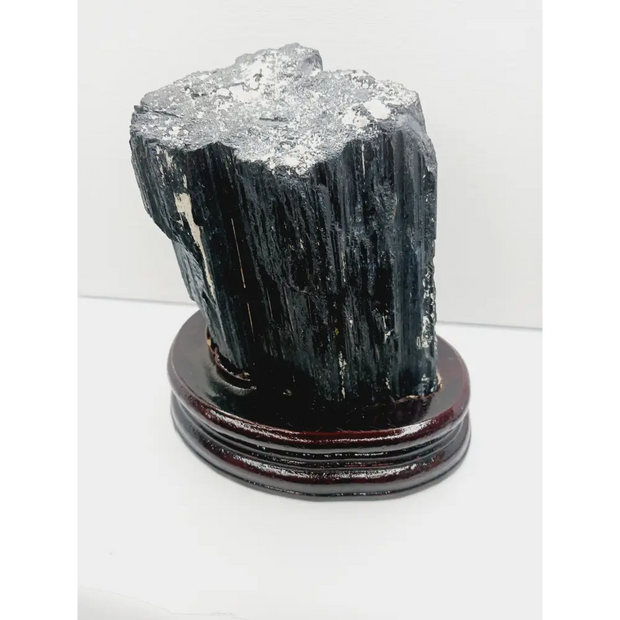 🖤🌳 Large Black Tourmaline on Wood Stand – Protection Grounding and Bold Energy ✨ - Specimens