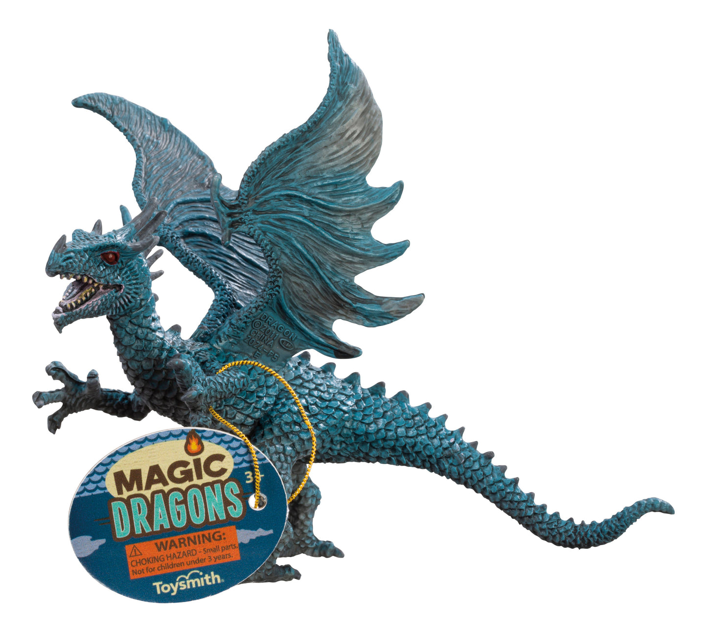 Toy dragon figure with 'Magic Dragons' tag on a white background