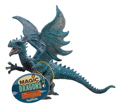 Toy dragon figure with 'Magic Dragons' tag on a white background