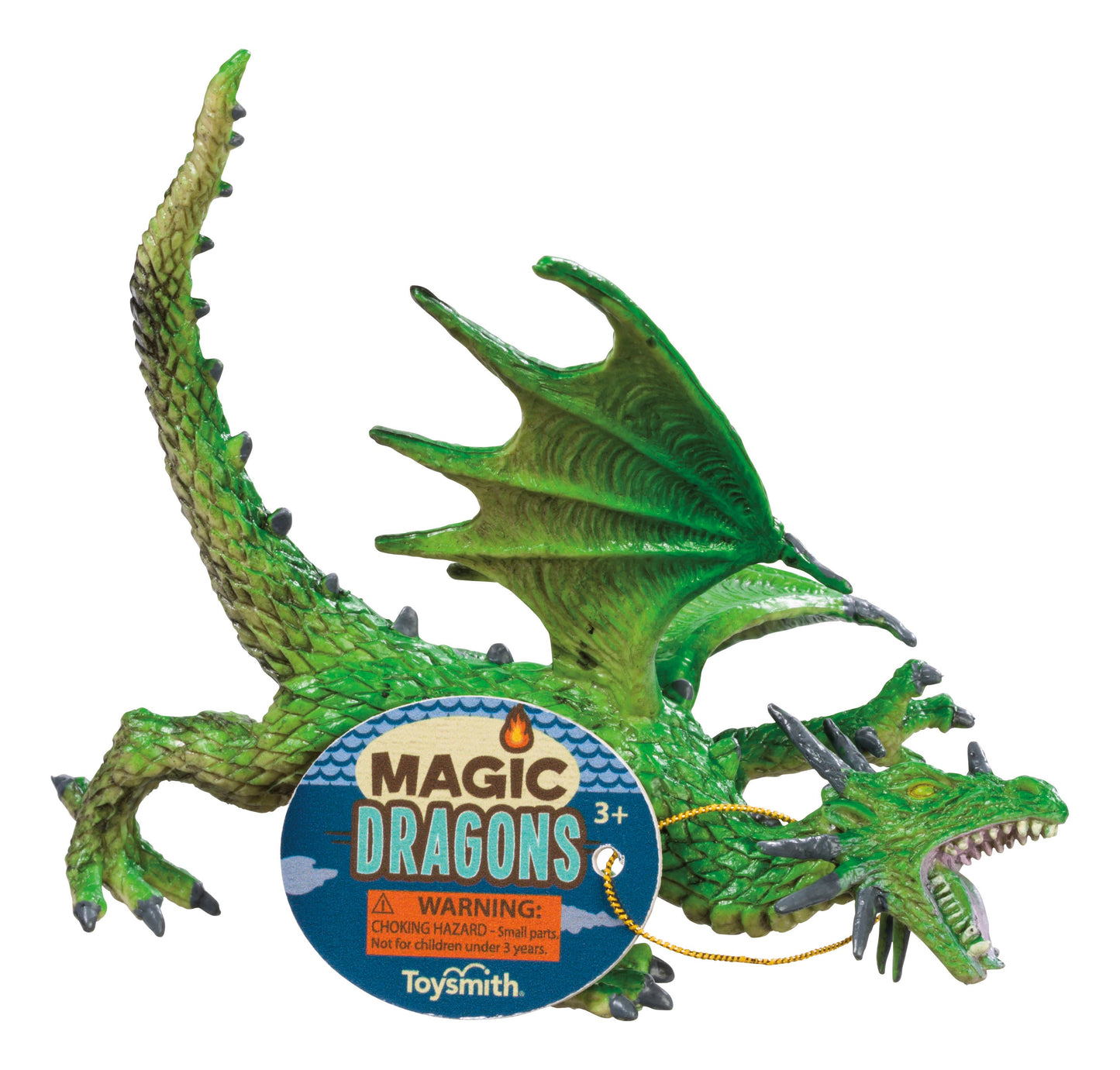 Toy dragon with a visible brand label on a white background