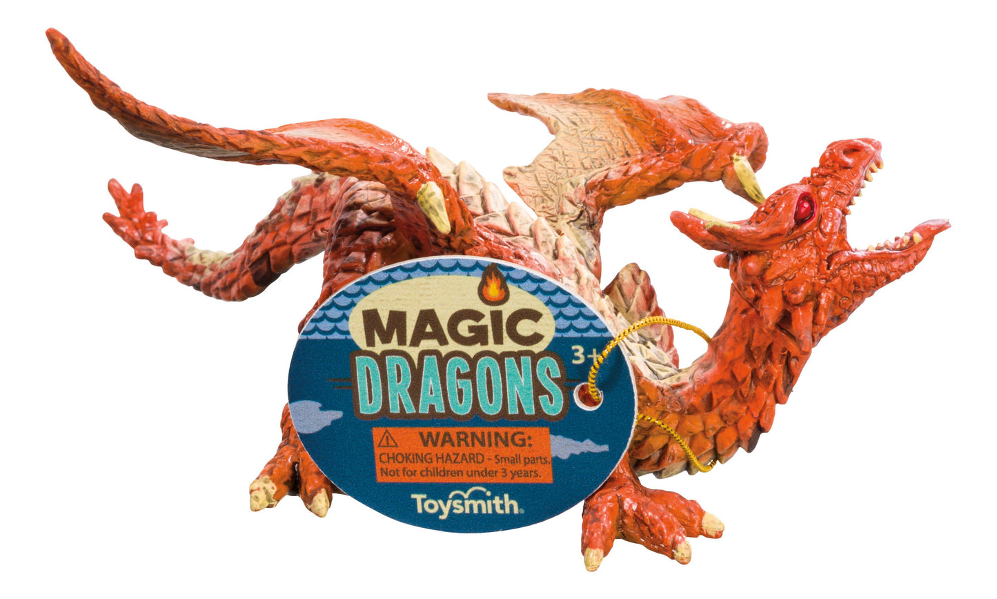 Toy dragon figure with 'Magic Dragons' label and Toysmith branding on a white background