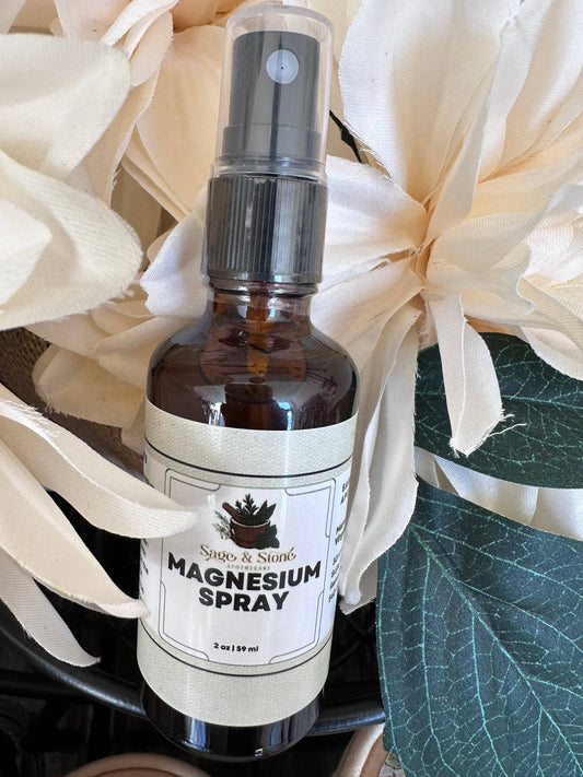 Magnesium Oil Spray bottle with a minimalist label, surrounded by fresh green leaves, displayed on a white background. Perfect for soothing muscles, relaxation, and restoring balance.