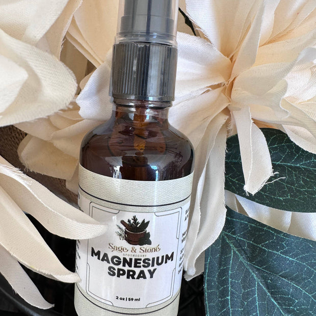 Magnesium Oil Spray bottle with a minimalist label, surrounded by fresh green leaves, displayed on a white background. Perfect for soothing muscles, relaxation, and restoring balance.