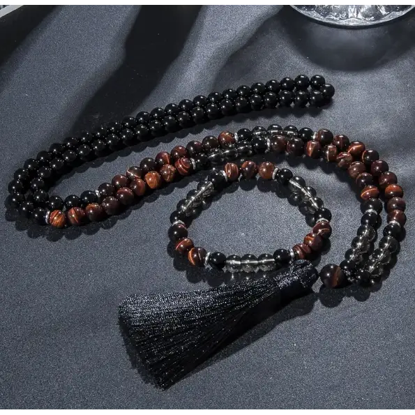 Mala Beads - Red Tigers Eye Smokey Quartz and Onyx w Bracelet - Jewelry