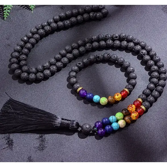 Mala Beads - Lava with Chakra with Bracelet - Jewelry