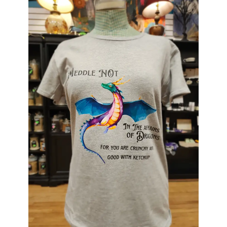 Meddle Not in the Affairs of Dragons T-Shirt – Sassy Mythical Dangerously Delicious 🐉🍔 - Grey / Large - Black