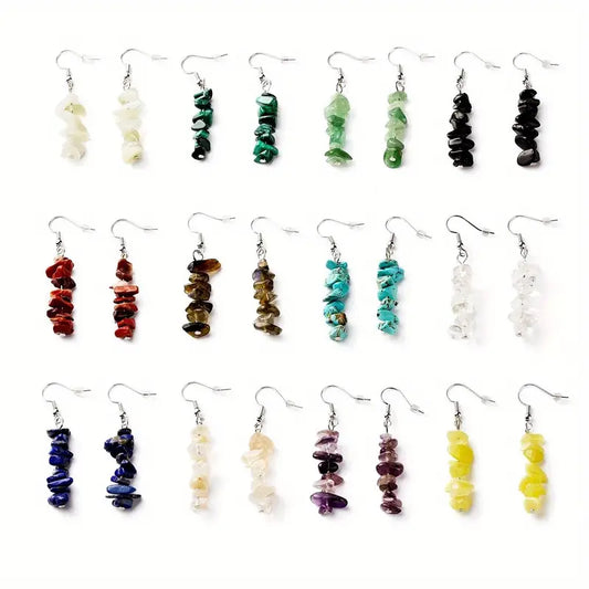 Natural Mixed Stone Chip Bead Dangle Earrings – Earthy Color Unique Energy and Artistic Movement