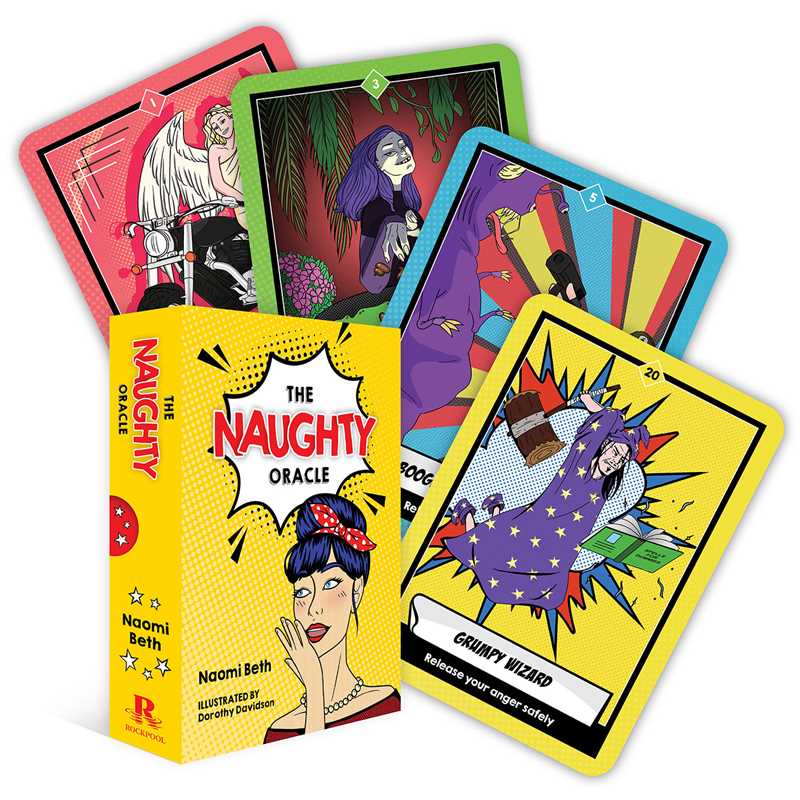 Naughty Oracle deck by Naomi Beth, featuring vibrantly illustrated cards and a 128-page guidebook, displayed on a white background.