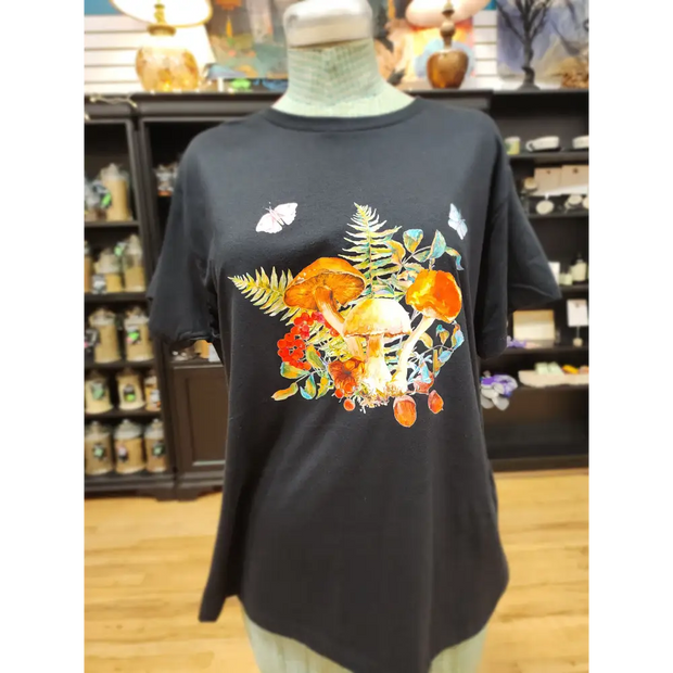 Orange Mushrooms Butterflies Tee - Spiritual Tshirt Designs - Black / 2Xlarge - Clothing & Apparel