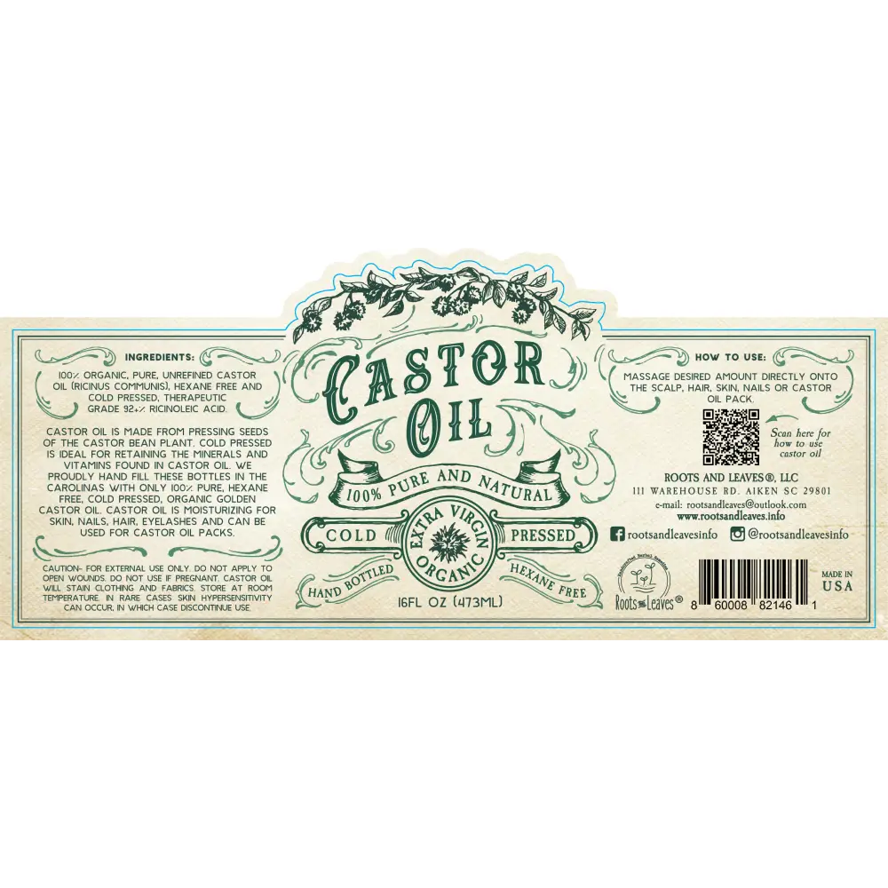 🌱✨ Organic Cold Pressed Castor Oil – Hexane Free & USA Bottled (16 oz) 💧 - Herbs & Accessories