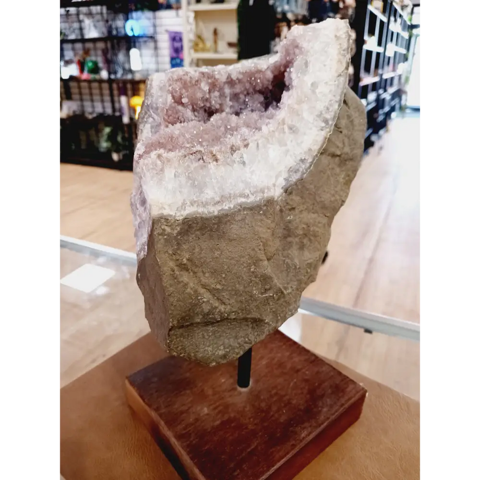 🌸✨ Pink Amethyst with Matrix on Wooden Stand – Love Peace and Spiritual Harmony 🌿