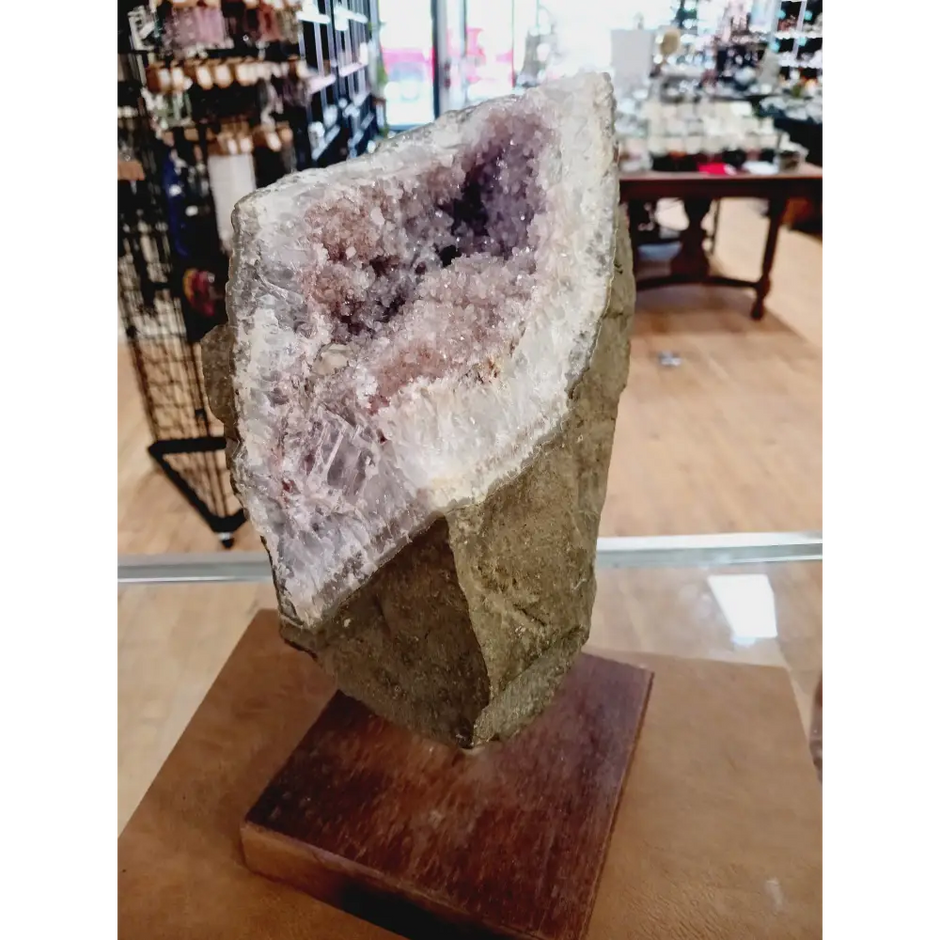 🌸✨ Pink Amethyst with Matrix on Wooden Stand – Love Peace and Spiritual Harmony 🌿