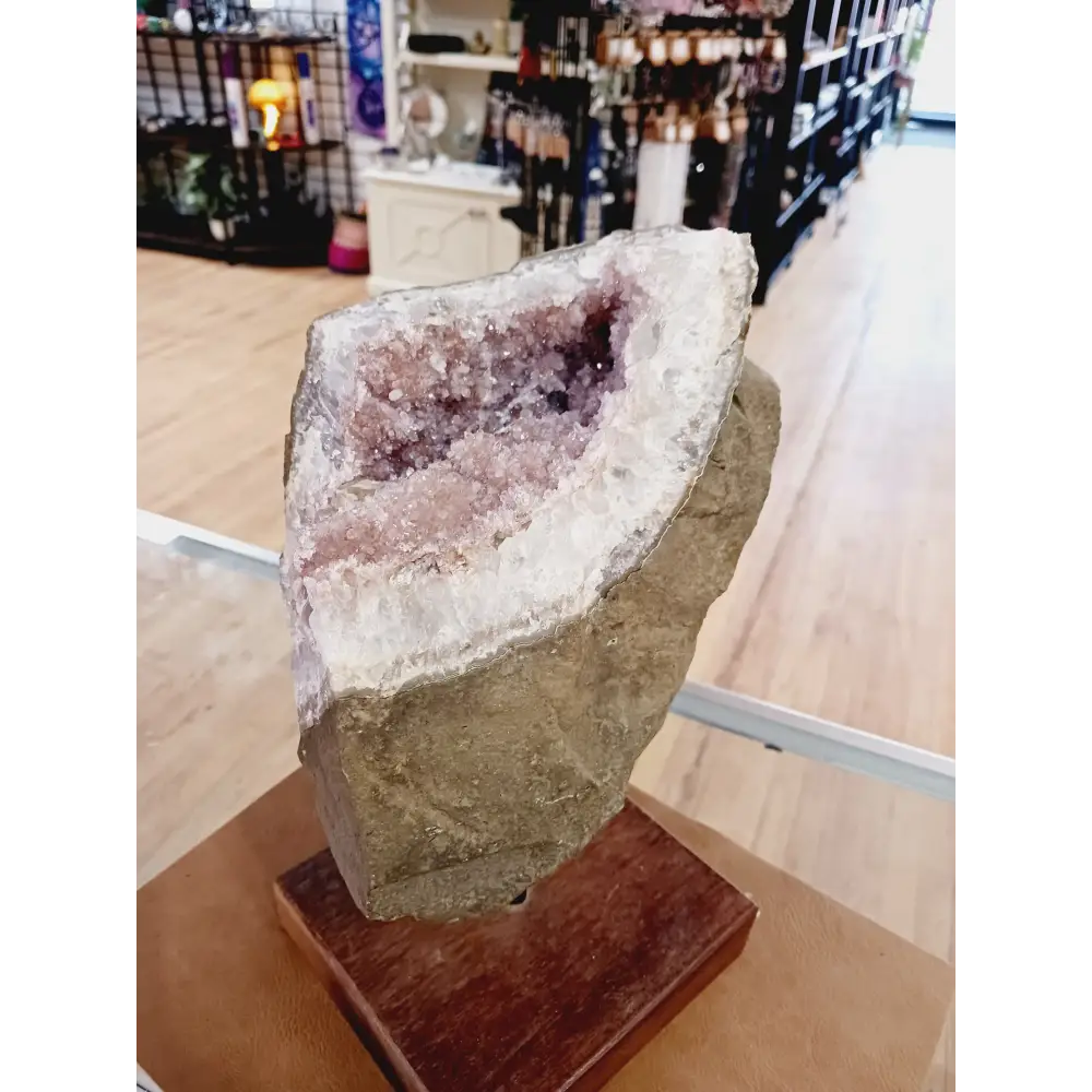 🌸✨ Pink Amethyst with Matrix on Wooden Stand – Love Peace and Spiritual Harmony 🌿