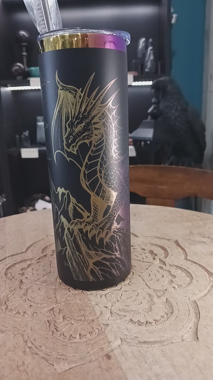 🐉🌈 20 oz. Black and Rainbow Metal Tumbler – Mountain Dragon Laser Etched, Magical Hydration, and Adventure-Ready! ✨
