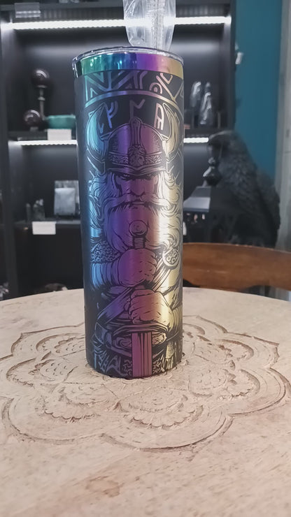 ⚡️🌈 20 oz. Black and Rainbow Metal Tumbler – Thor God of Thunder and Runic Art Laser Etched, Epic Hydration, and Norse Magic! ✨