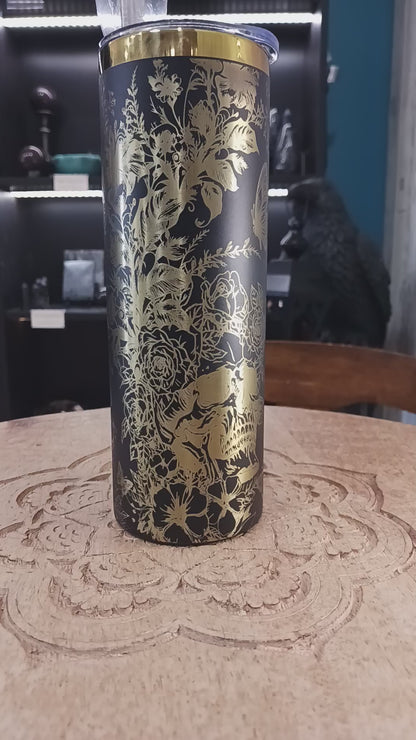 💀🌸 20 oz. Black and Rainbow Metal Tumbler – Delicate Skulls and Flower Laser Etched, Bold Hydration, and Magical Durability! ✨