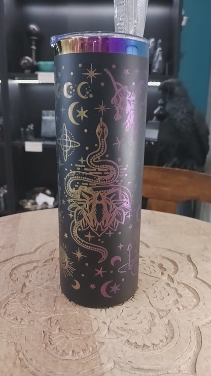 🌈🔮 20 oz. Black and Rainbow Metal Tumbler – Pagan Symbol Laser Etched, Magical Hydration, and Adventure-Ready! ✨