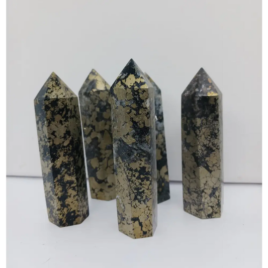 Hand-carved Pyrite with Black Quartz tower, 3.75 to 4 inches tall, featuring golden pyrite sparkles and deep black quartz, displayed on a white background.