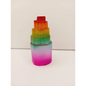Rainbow selenite tiered tower, polished with a vibrant rainbow sheen and step-like design, displayed on a white background.