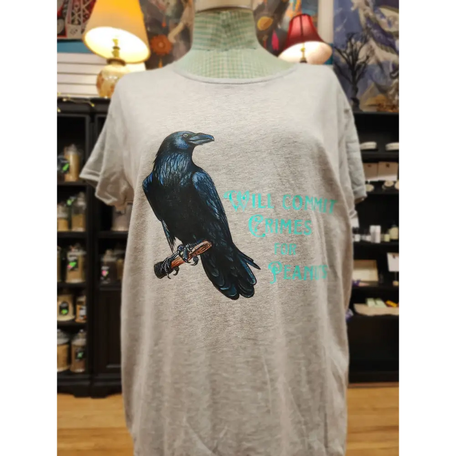 Raven “Will Commit Crimes for Peanuts” T-Shirt – Mischief Magic a Little Bit Nutty 🖤🐦🥜 - Grey / Xlarge - Teal Graphic