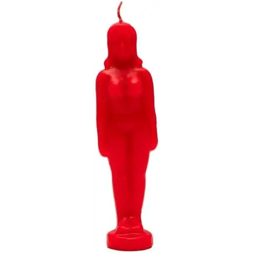 6.75" red candle shaped as a female figure, displayed on a white background. Perfect for passion, empowerment, and divine feminine magic.