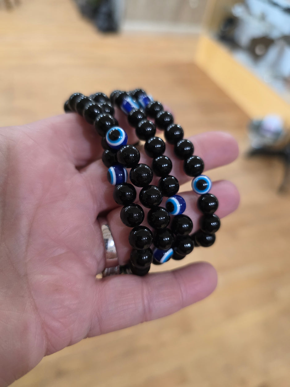 Evil Eye Bracelet with Assorted Crystals (8mm) – Stretchy Beaded Bracelet for Protection and Good Luck