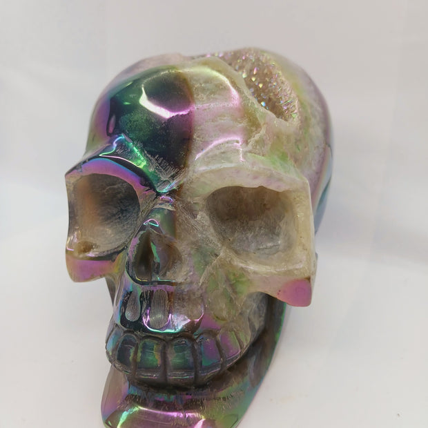 Agate Aura Coated Gemmy Druzy Skull (6.25 x 4") – Sparkly Statement Carving for Display