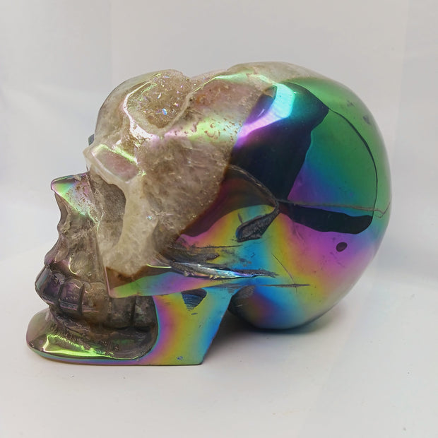 Agate Aura Coated Gemmy Druzy Skull (6.25 x 4") – Sparkly Statement Carving for Display