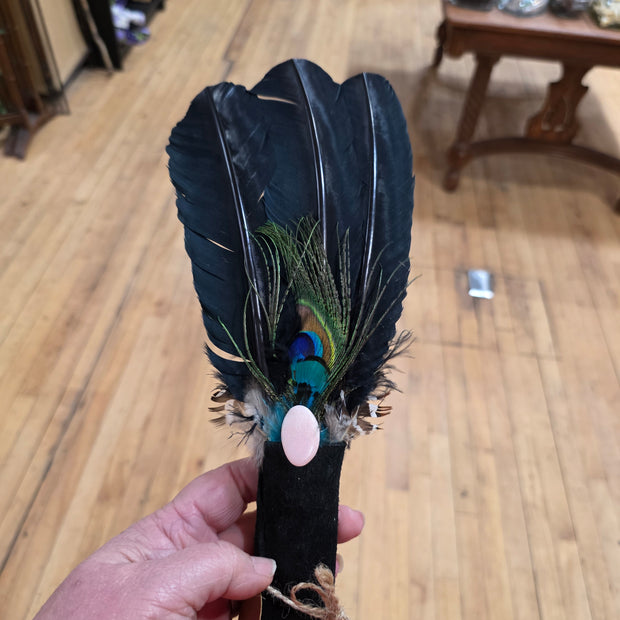 14" Smudge Wand for Energy Clearing – Pink Opal, Lady Amherst, Peacock + Goose Feathers (Black Leather Handle)