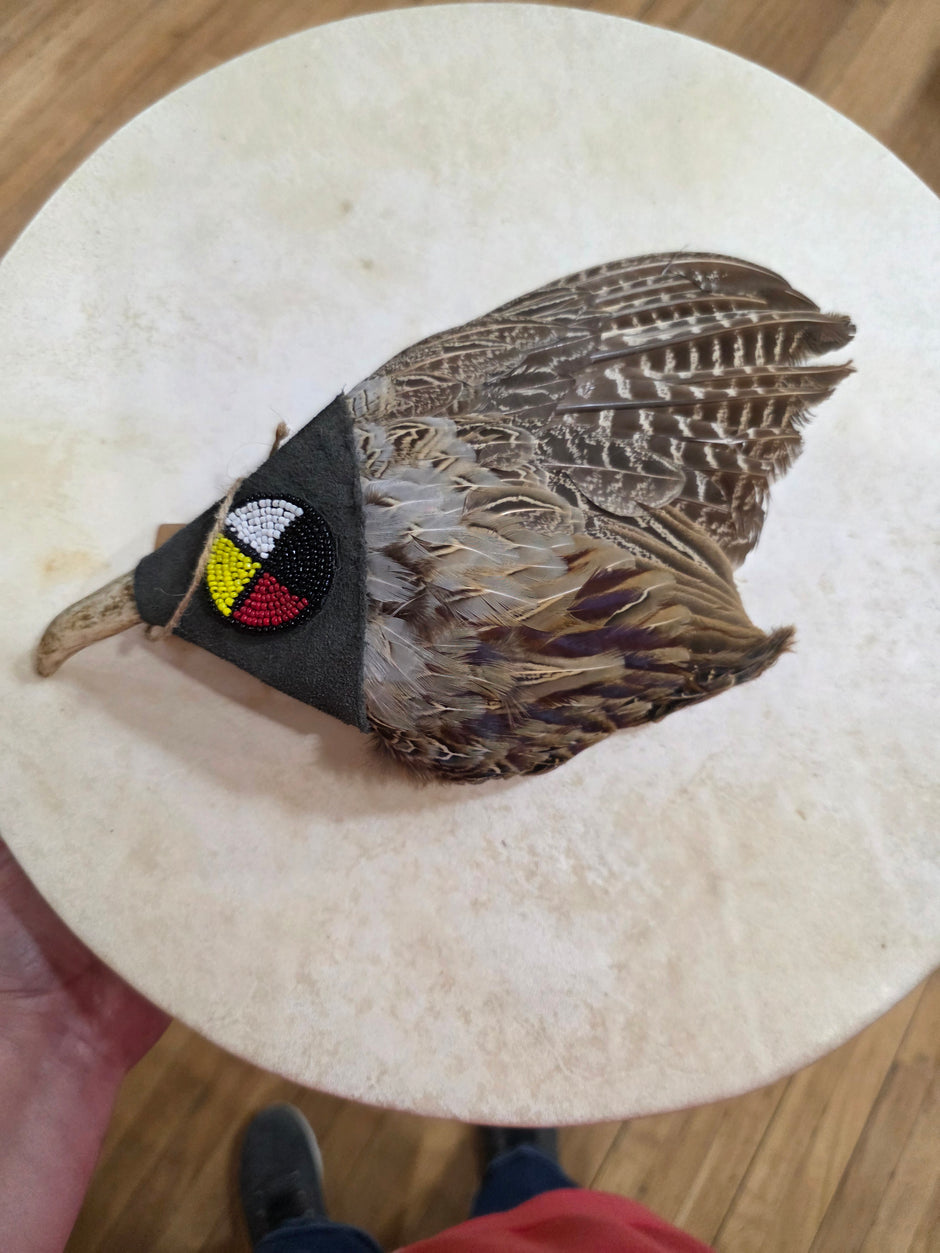 15" Pheasant Wing Smudge Wand | Antler Handle + Medicine Wheel Wrap