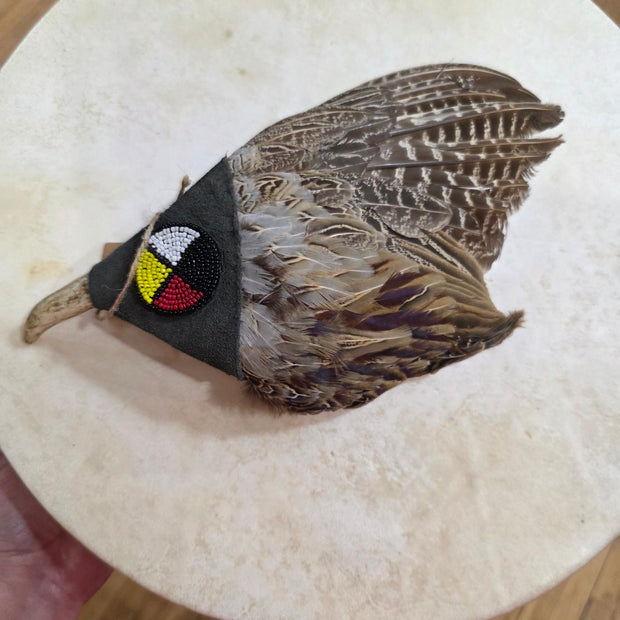 15" Pheasant Wing Smudge Wand | Antler Handle + Medicine Wheel Wrap