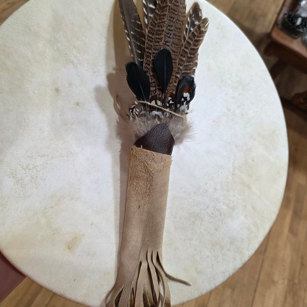22" Feather Smudge Wand with Pheasant, Turkey, Goose & Chicken Feathers + Rabbit Fur (Leather Fringe)
