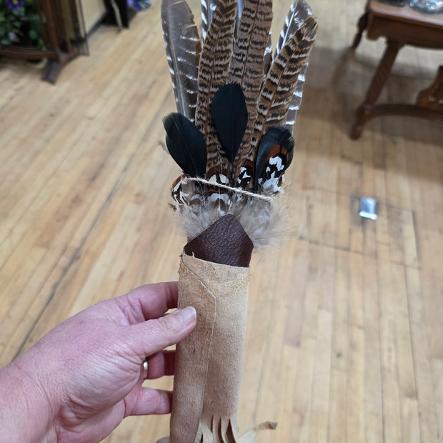 22" Feather Smudge Wand with Pheasant, Turkey, Goose & Chicken Feathers + Rabbit Fur (Leather Fringe)