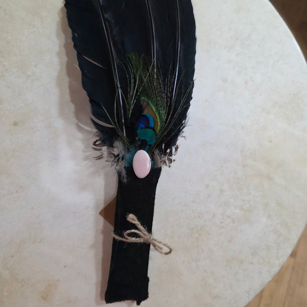 14" Smudge Wand for Energy Clearing – Pink Opal, Lady Amherst, Peacock + Goose Feathers (Black Leather Handle)