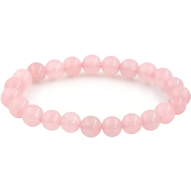 Polished rose quartz bracelet with 8mm soft pink beads, displayed on a white background. Perfect for love, compassion, and heart healing.