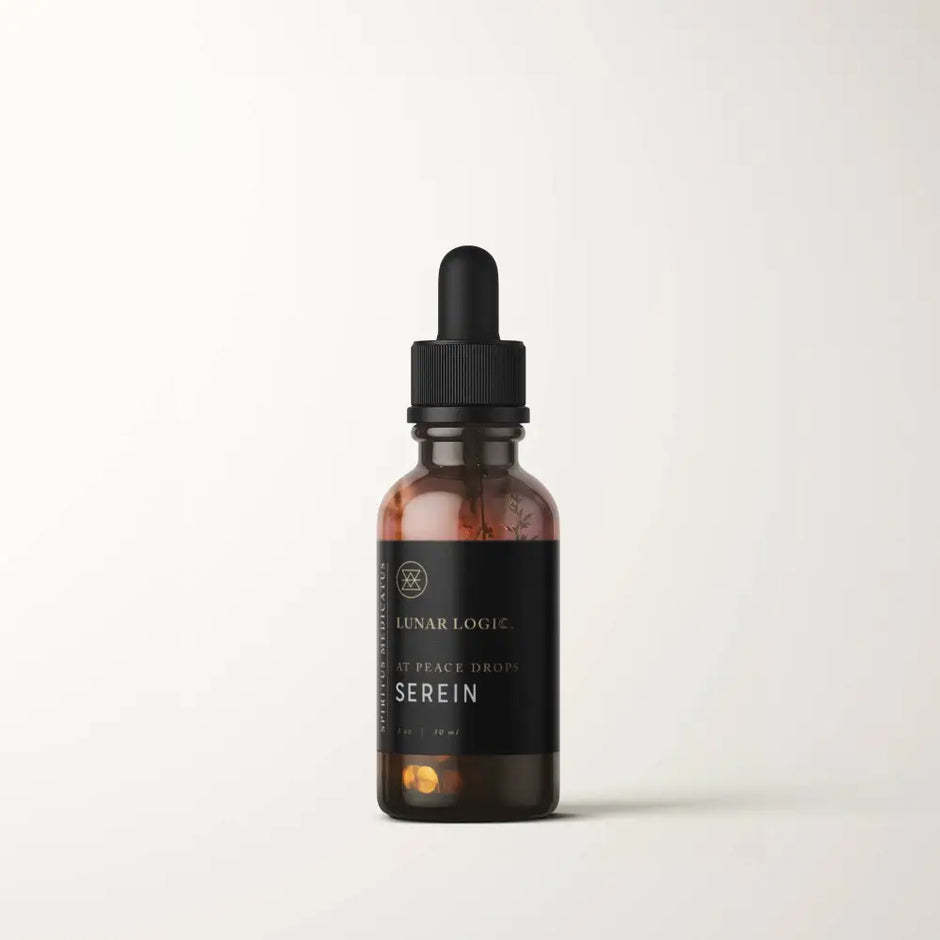 1oz glass bottle of SEREIN / At Peace Drops with glass pipette, displayed on a white background. Perfect for evening serenity, nervous system support, and restorative calm.