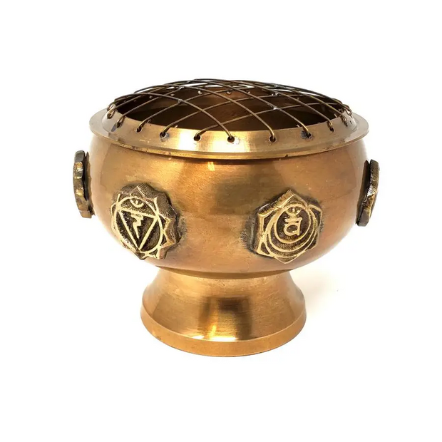 Seven Chakra Solid Brass Screen Charcoal Burner 3’’H x 4’’ Diameter - Incense & Burners