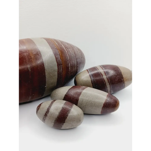 Shiva Lingam stones, polished with natural earthy patterns, available in sizes 1" to 8", displayed on a white background.