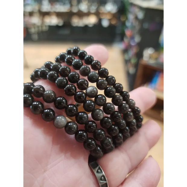 🖤✨ 6mm Silver Obsidian Bead Bracelet – Protection & Inner Strength! 🧿