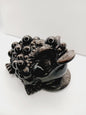 Silver sheen obsidian money toad, hand-carved with a reflective silver luster, measuring 5.5 inches, displayed on a white background.